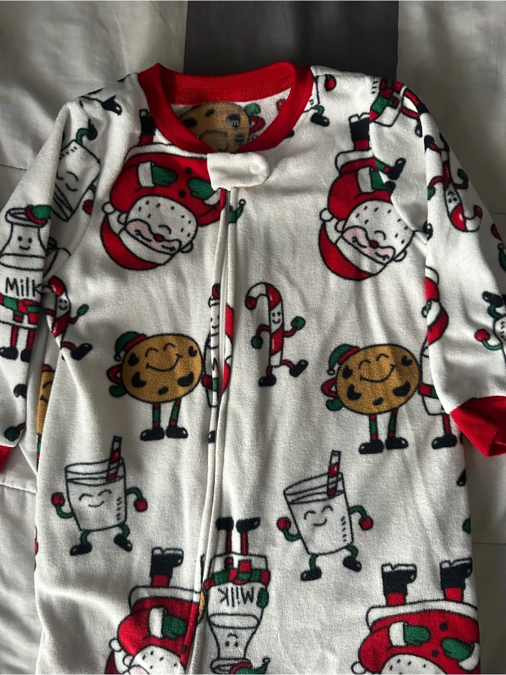Kids Holiday Footed One-Piece Pajamas - White with Red Trim